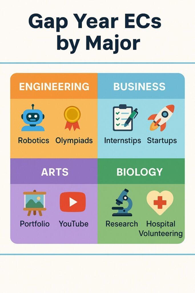 Infographic showing gap year extracurricular activities by major: Engineering includes Robotics and Olympiads, Business includes Internships and Startups, Arts includes Portfolio and YouTube, Biology includes Research and Hospital Volunteering